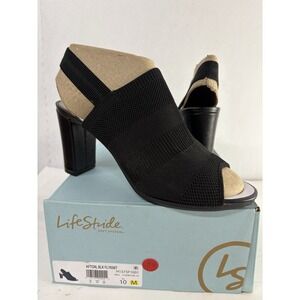 LifeStride Women's Black Afton Flyknit Slingback Peep Toe Heeled Sandals Sz 10M